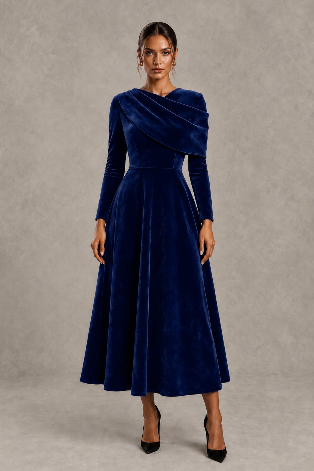 BOLODOO Navy Blue Velvet-Look Long Sleeve Tea-Length A-Line Dress with Draped Neckline - Navy Blue - Navy Blue_1