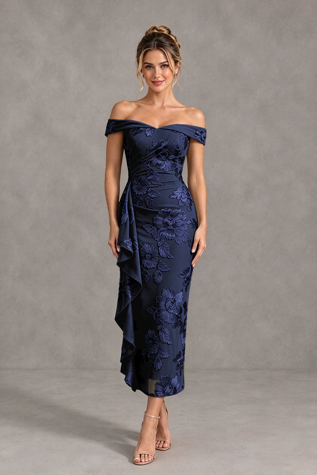 BOLODOO Navy Blue Off Shoulder Floral Jacquard Midi Dress - Navy Blue - Navy Blue(1)