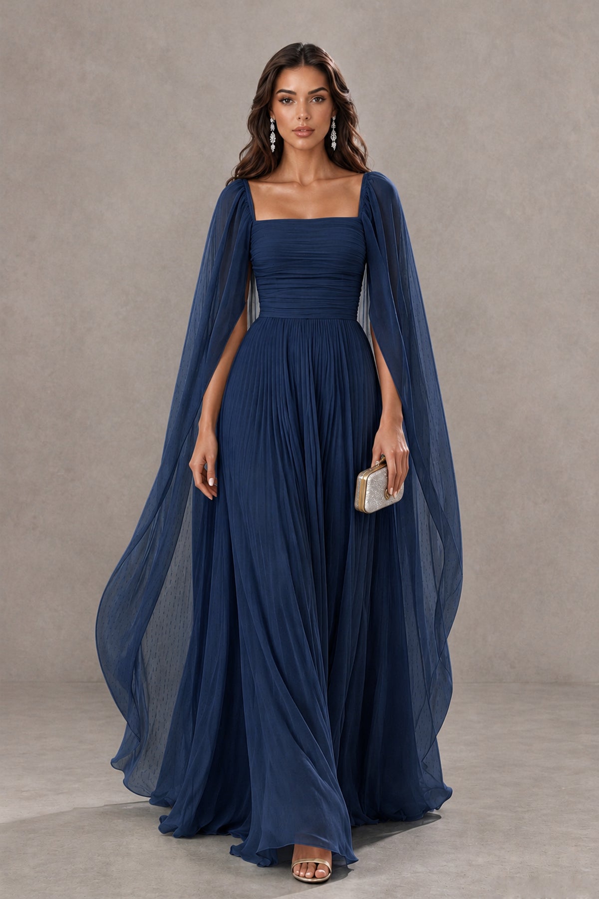 BOLODOO Navy Blue Square Neck Cape Sleeve A-Line Evening Dress - Navy Blue - Navy_Blue_1