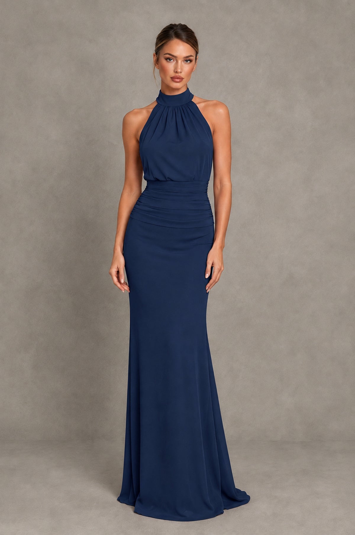 BOLODOO Navy Blue Chiffon Halter Maxi Formal Wedding Guest Dress - Navy Blue - Navy Blue_1