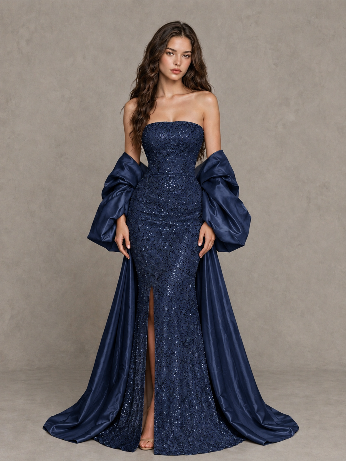 BOLODOO Navy Blue Strapless Sparkle Mermaid Prom Dress with Front Slit and Draped Sleeves - Navy Blue - Navy Blue_1