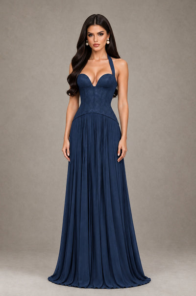 BOLODOO Navy Blue Halter Corset Pleated A-Line Evening Dress - Navy Blue - Navy Blue_1