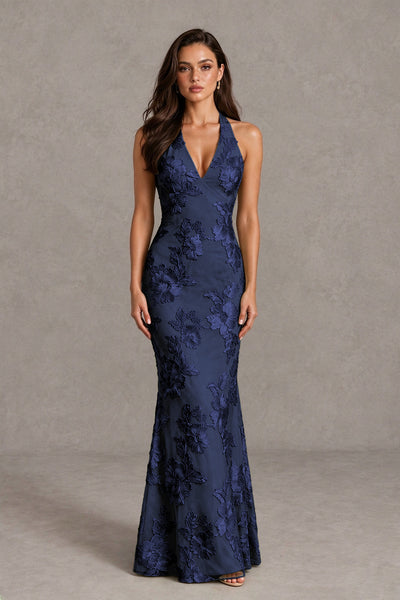 BOLODOO Navy Blue Floral Jacquard Halter Maxi Dress - Navy Blue - Navy Blue(1)