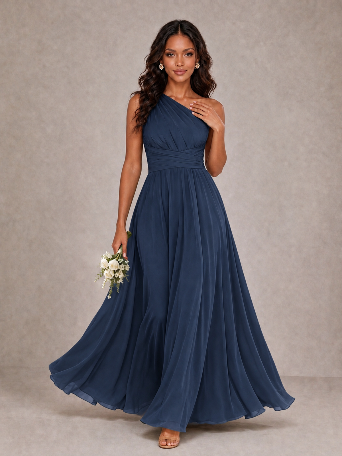 BOLODOO Navy Blue One-Shoulder A-Line Bridesmaid Dress - Navy Blue - Navy Blue_1