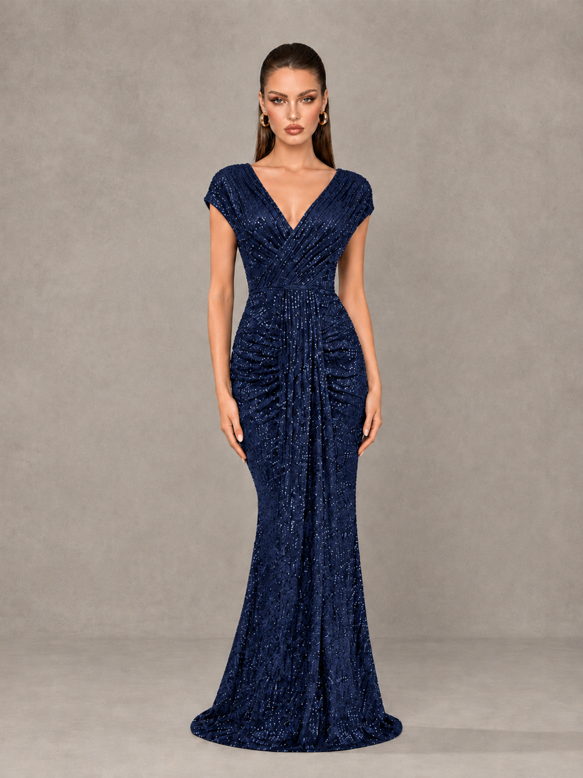 BOLODOO Navy Blue Glitter V-Neck Cap Sleeve Ruched Mermaid Evening Gown - Navy Blue - Navy Blue_1