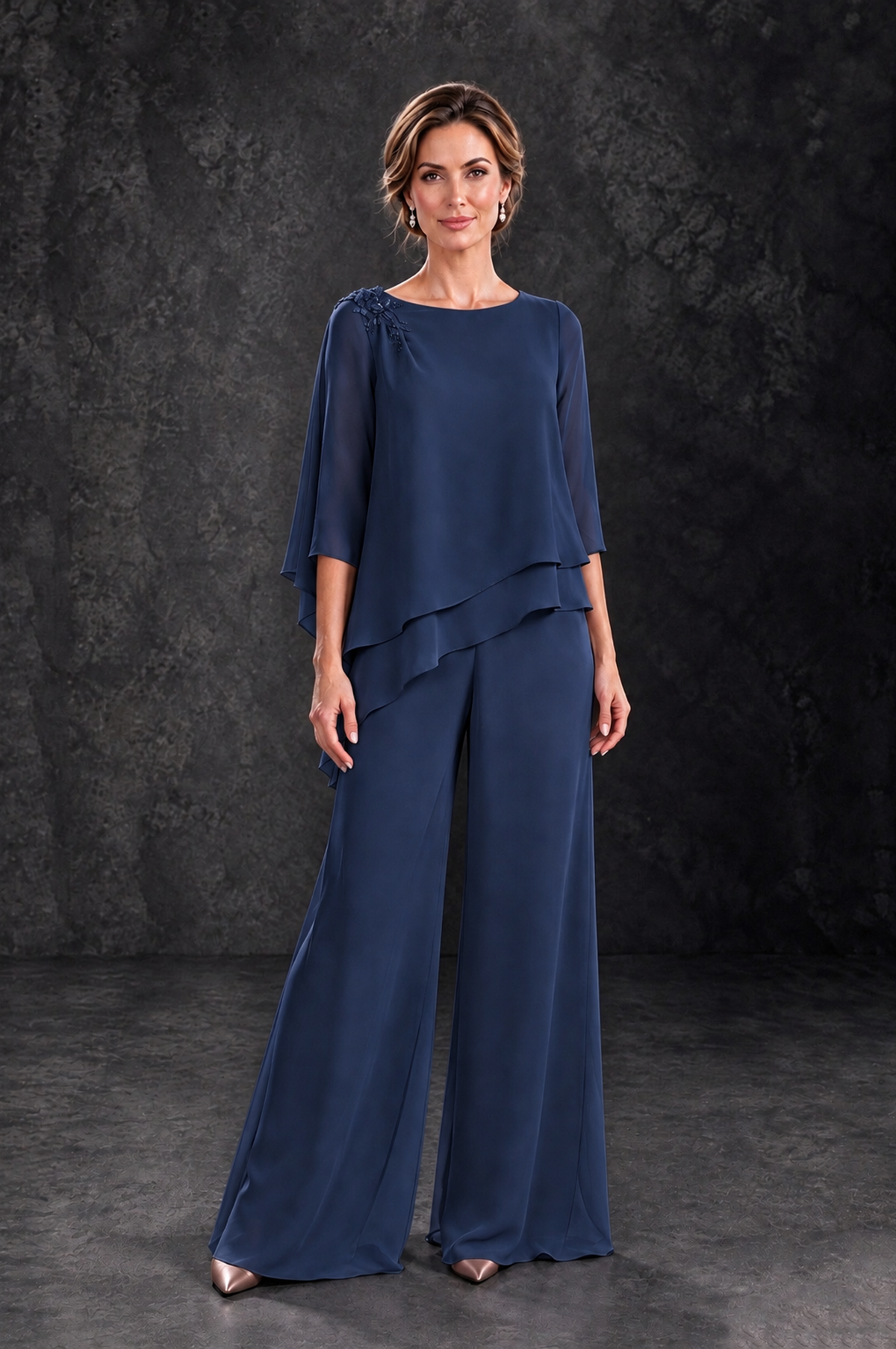 BOLODOO Navy Blue Layered Wide-Leg Mother of the Bride Pant Suit - Navy Blue - Navy Blue_1