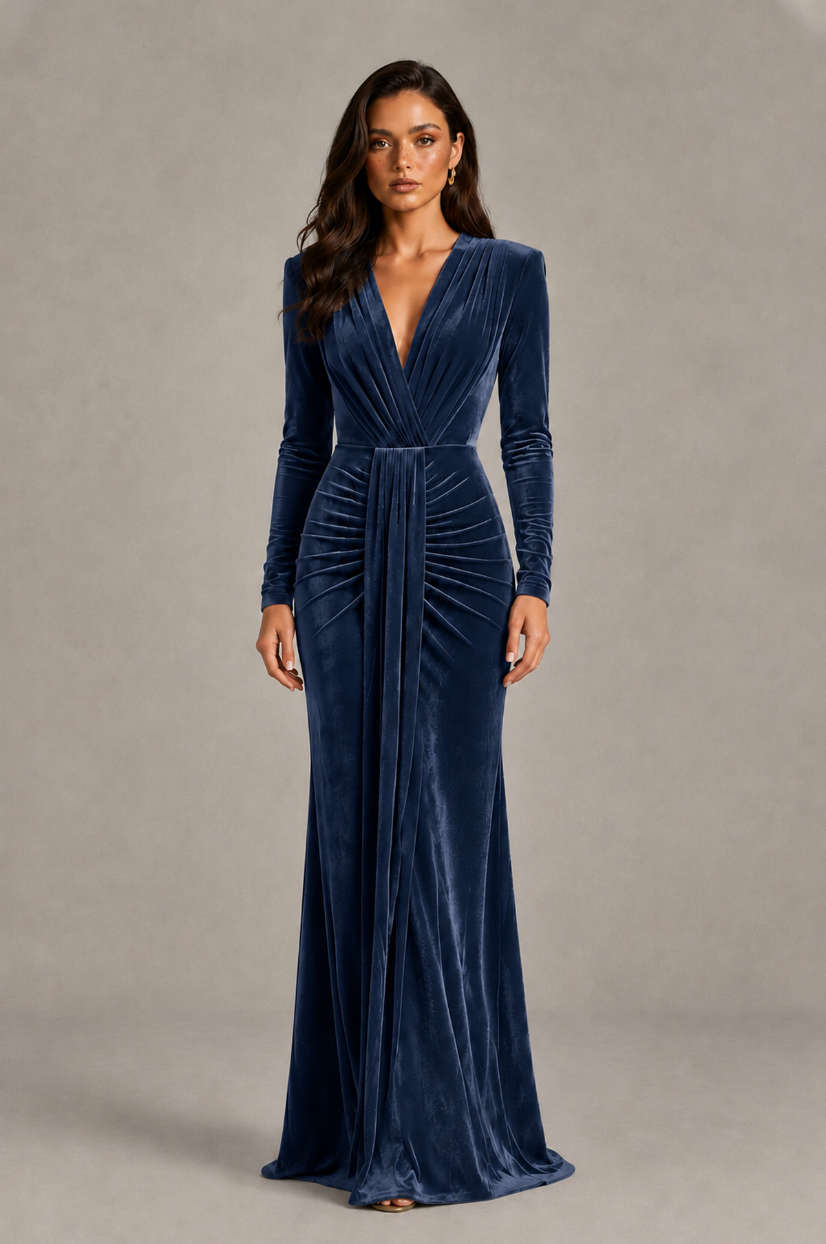 BOLODOO Navy Blue Velvet Long Sleeve V-Neck Ruched Evening Gown - Navy Blue