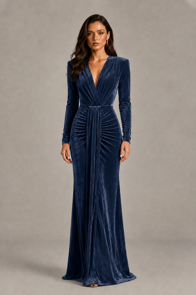 BOLODOO Navy Blue Velvet Long Sleeve V-Neck Ruched Evening Gown - Navy Blue