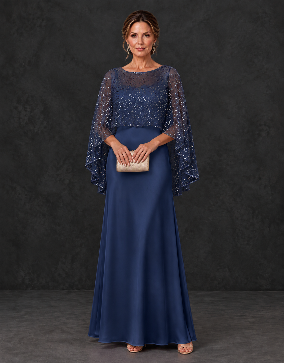BOLODOO Navy Blue Sparkle Cape Sleeve Mother of the Bride Dress - Navy Blue - Navy_Blue_1