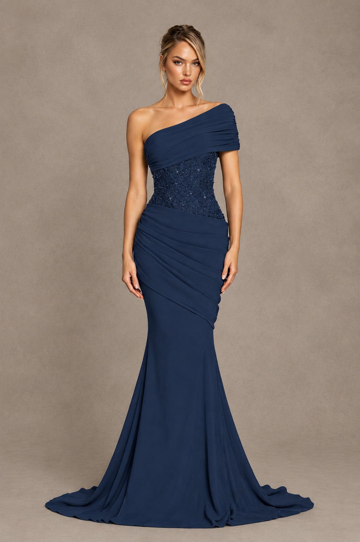 BOLODOO Navy Blue One-Shoulder Sequin Embroidered Ruched Mermaid Gown with Train - Navy Blue - Navy Blue_1