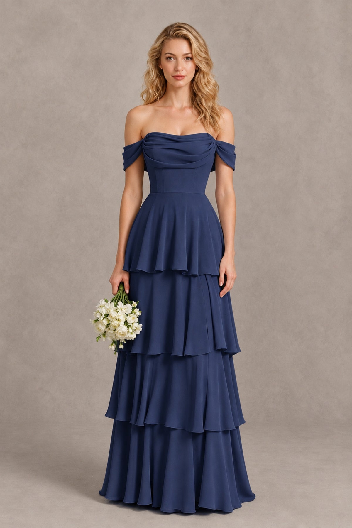 BOLODOO Navy Blue Off-the-Shoulder Tiered A-Line Evening Bridesmaid Dress - Navy Blue - Navy Blue_1