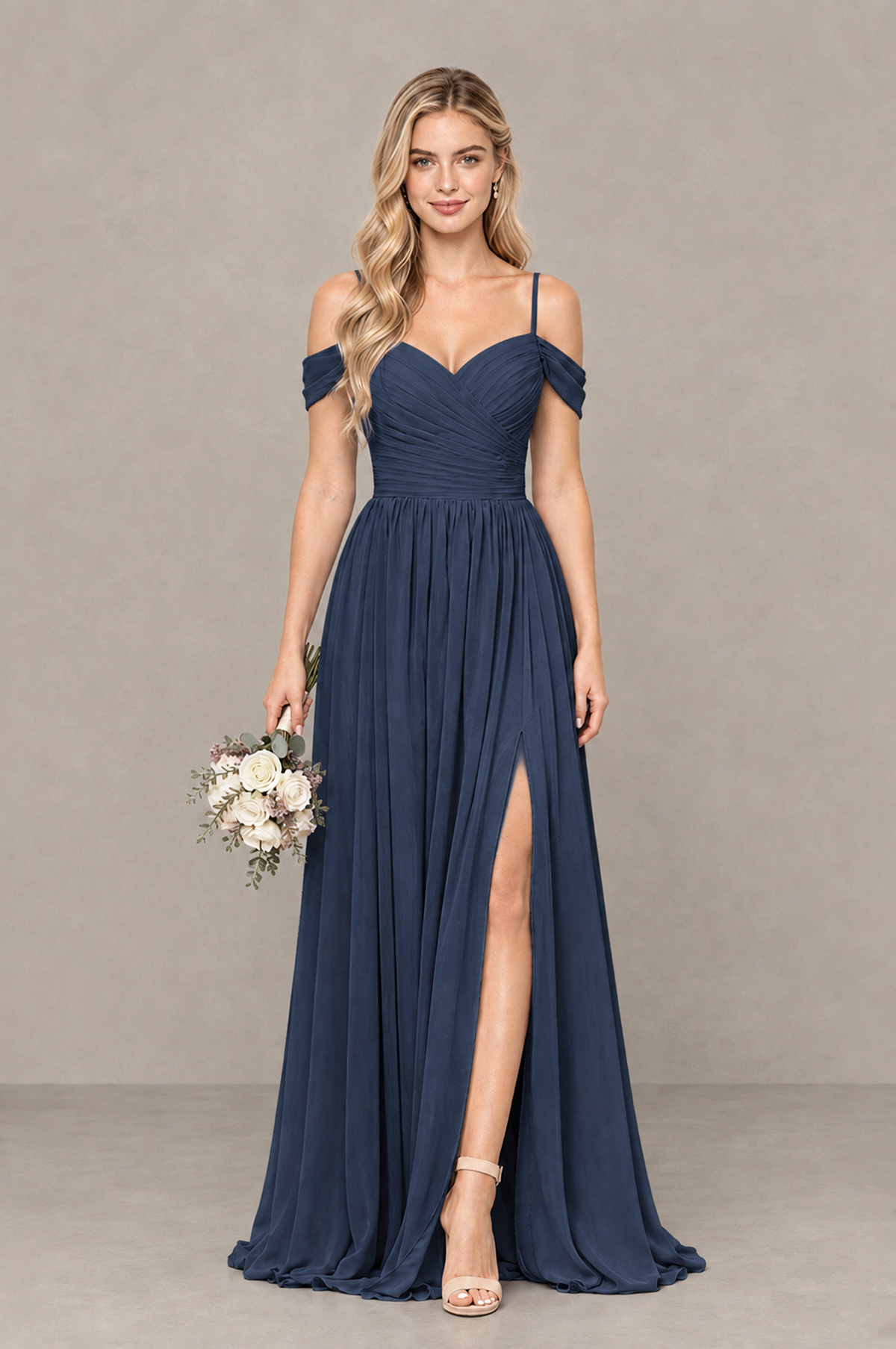 BOLODOO Navy Blue Off-Shoulder Bridesmaid Dress with Slit - Navy Blue