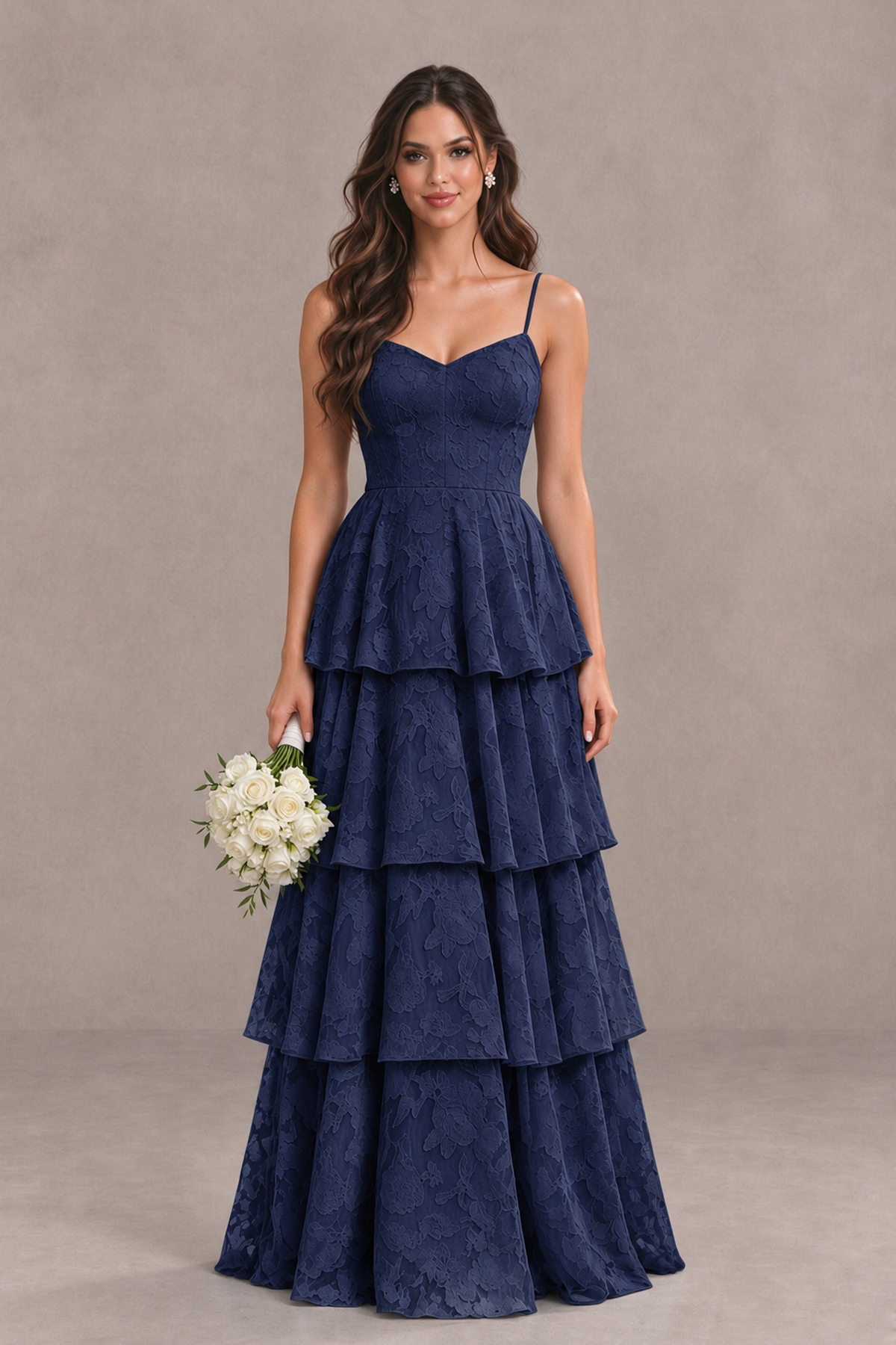 BOLODOO Navy Blue Tiered Floral-Textured Spaghetti Strap Maxi Dress - Navy Blue - Navy Blue_1