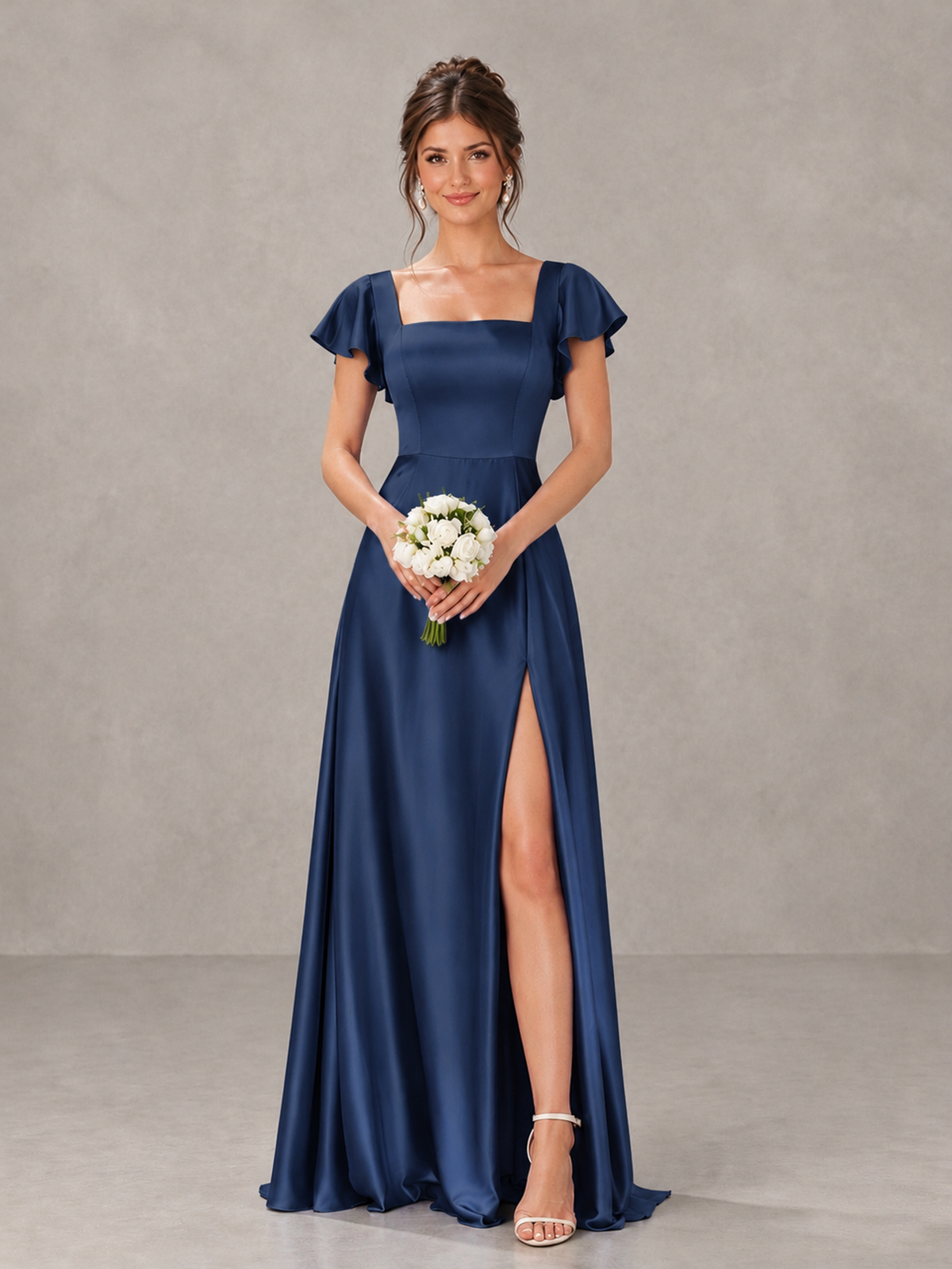 BOLODOO Navy Blue Satin Square Neck Flutter Sleeve A-Line Bridesmaid Dress with Slit - Navy Blue - Navy Blue_1