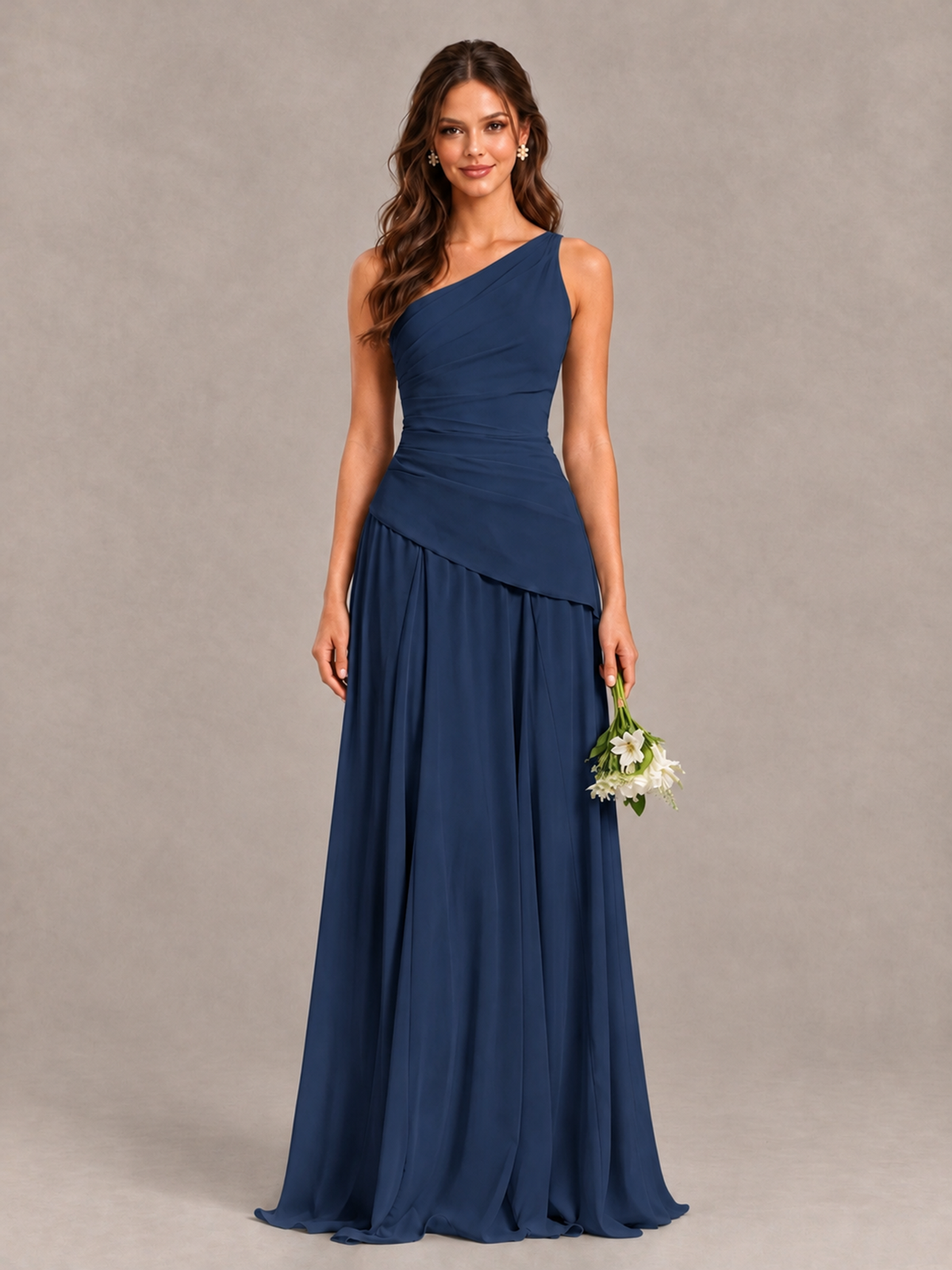 BOLODOO Navy Blue One-Shoulder Lace-Up Back Bridesmaid Dress - Navy Blue - Navy Blue_1