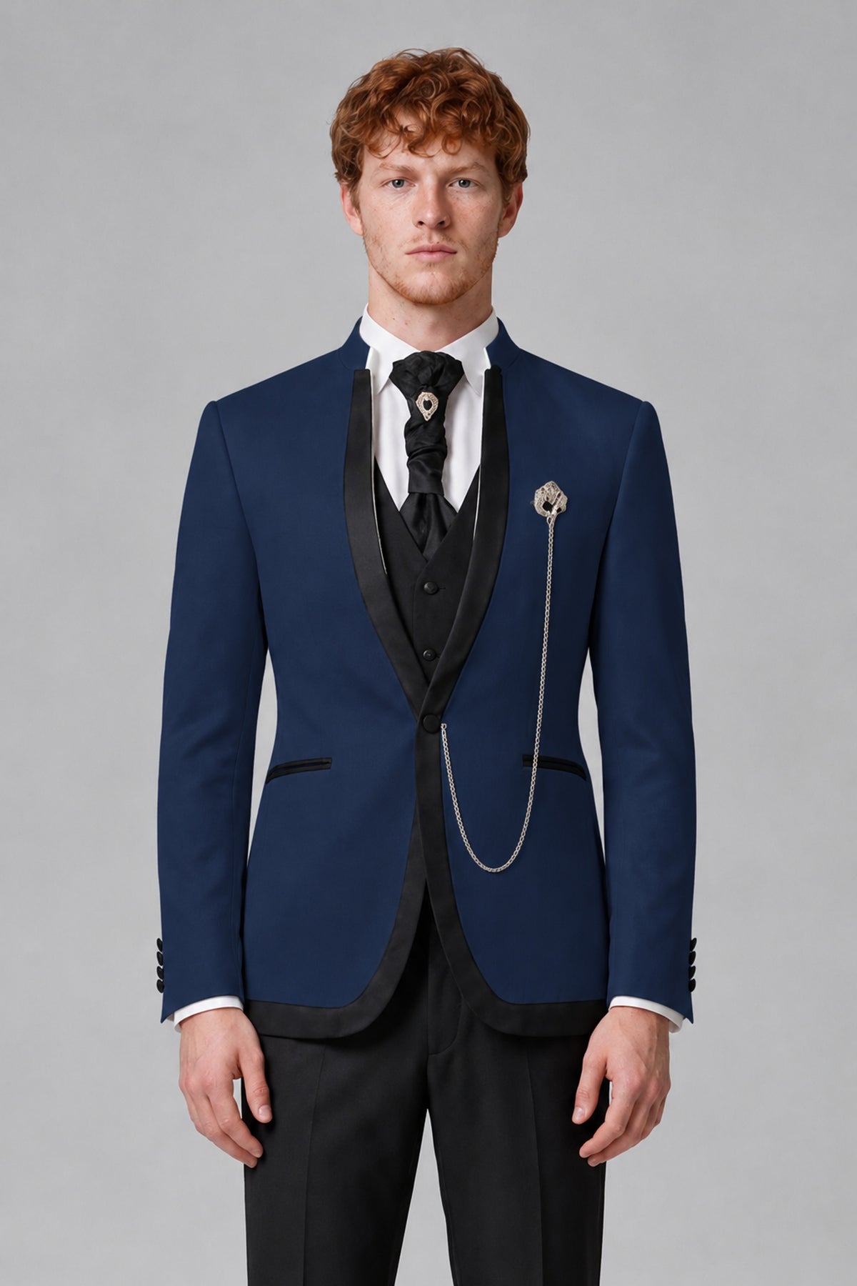 Bolodoo Men's Navy Blue 3-Piece Shawl Lapel Tuxedo Suit with Vest - Navy Blue - Navy Blue_1