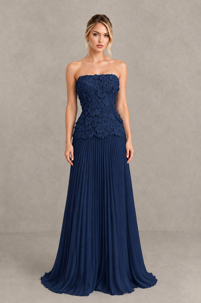 BOLODOO Navy Blue Strapless Floral Applique Pleated Evening Dress - Navy Blue - Navy Blue_1