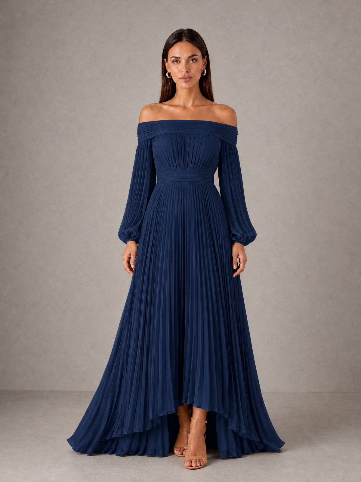BOLODOO Navy Blue Off-Shoulder Long Sleeve Pleated High-Low Dress - Navy Blue - Navy_Blue_1