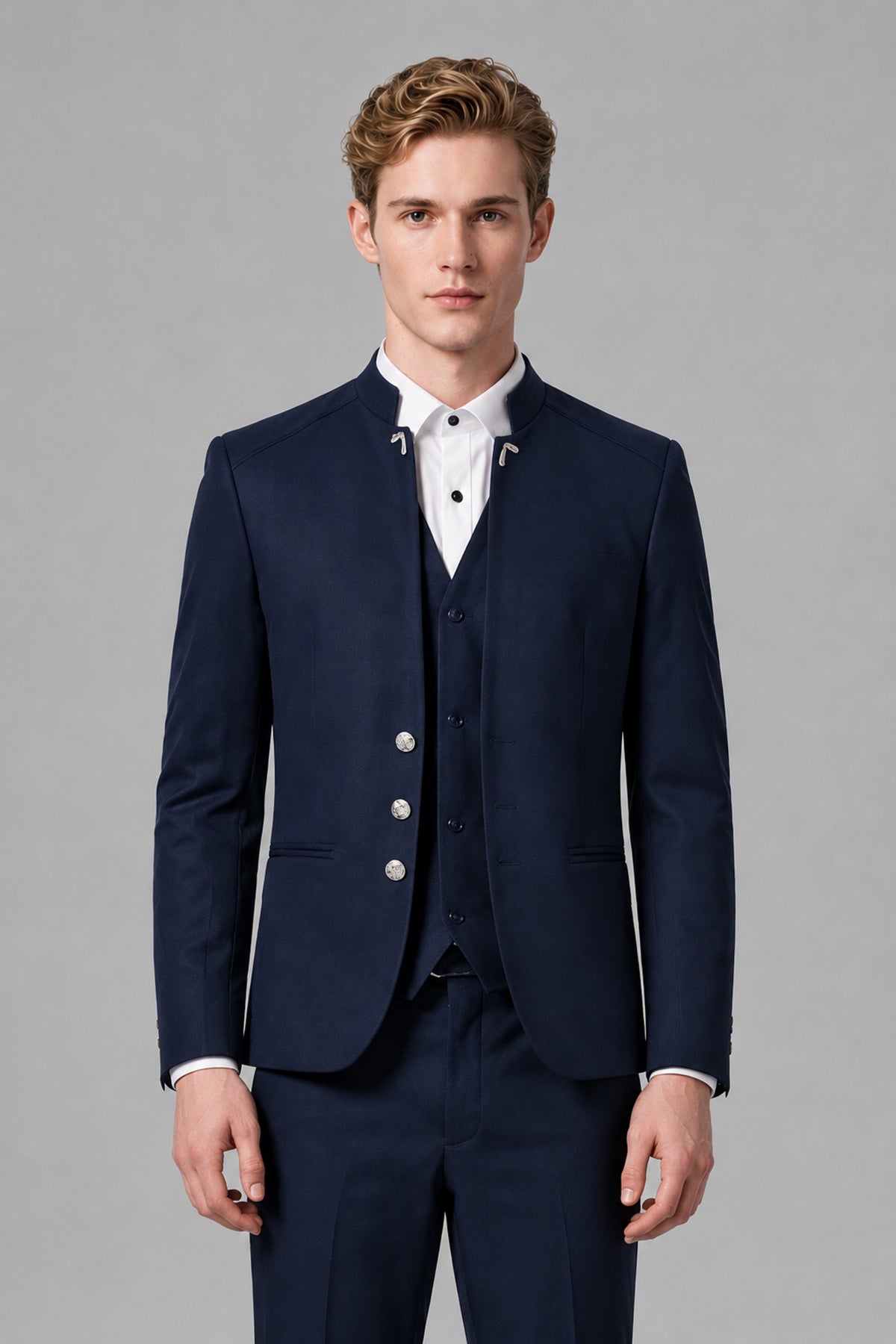 Bolodoo Men's Navy Blue Mandarin Collar 3-Piece Suit – Jacket, Vest & Trousers - Navy Blue - Navy Blue_1