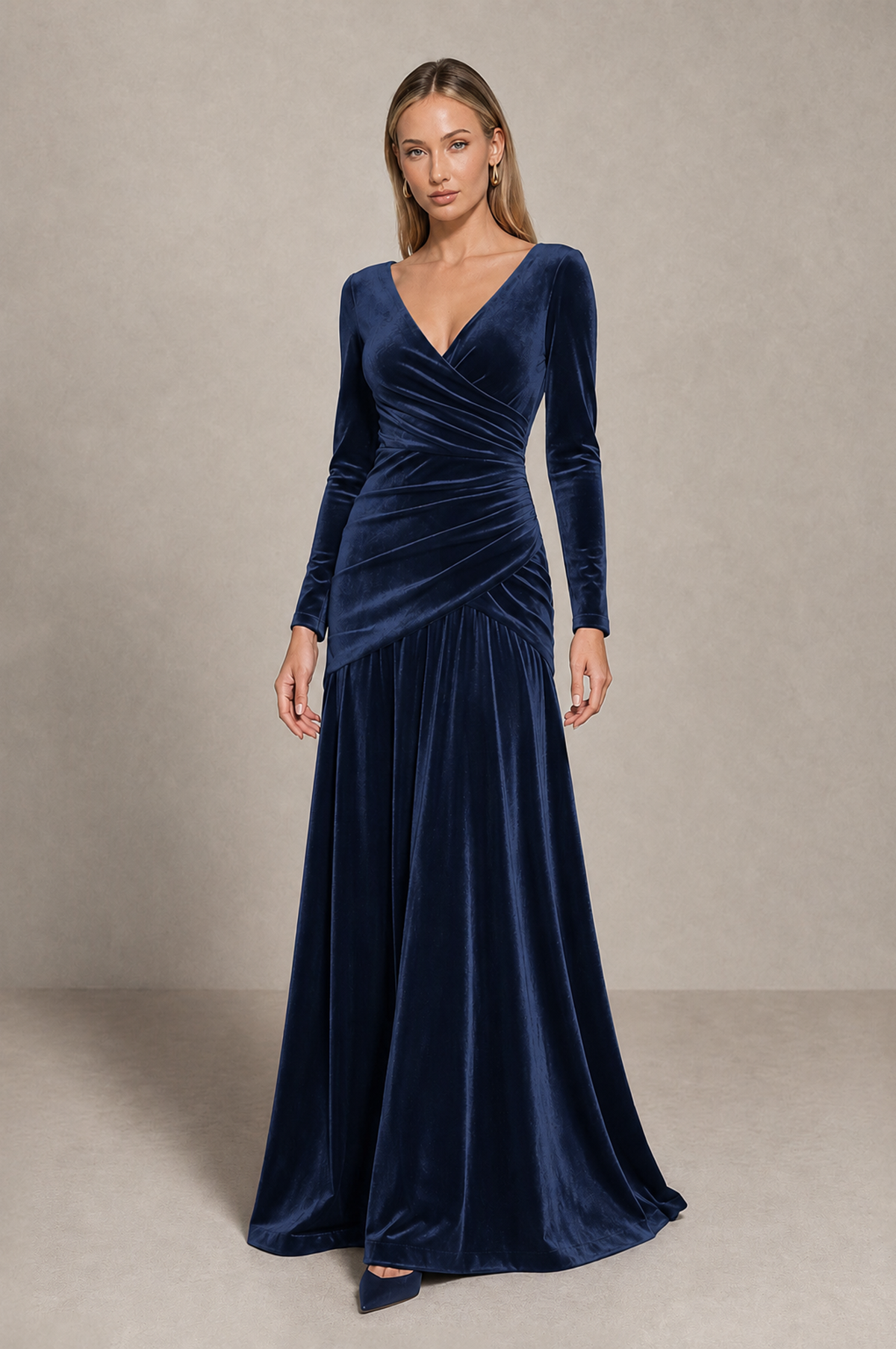 BOLODOO Navy Blue Velvet Long Sleeve V-Neck Ruched Evening Dress - Navy Blue - Navy_Blue_1