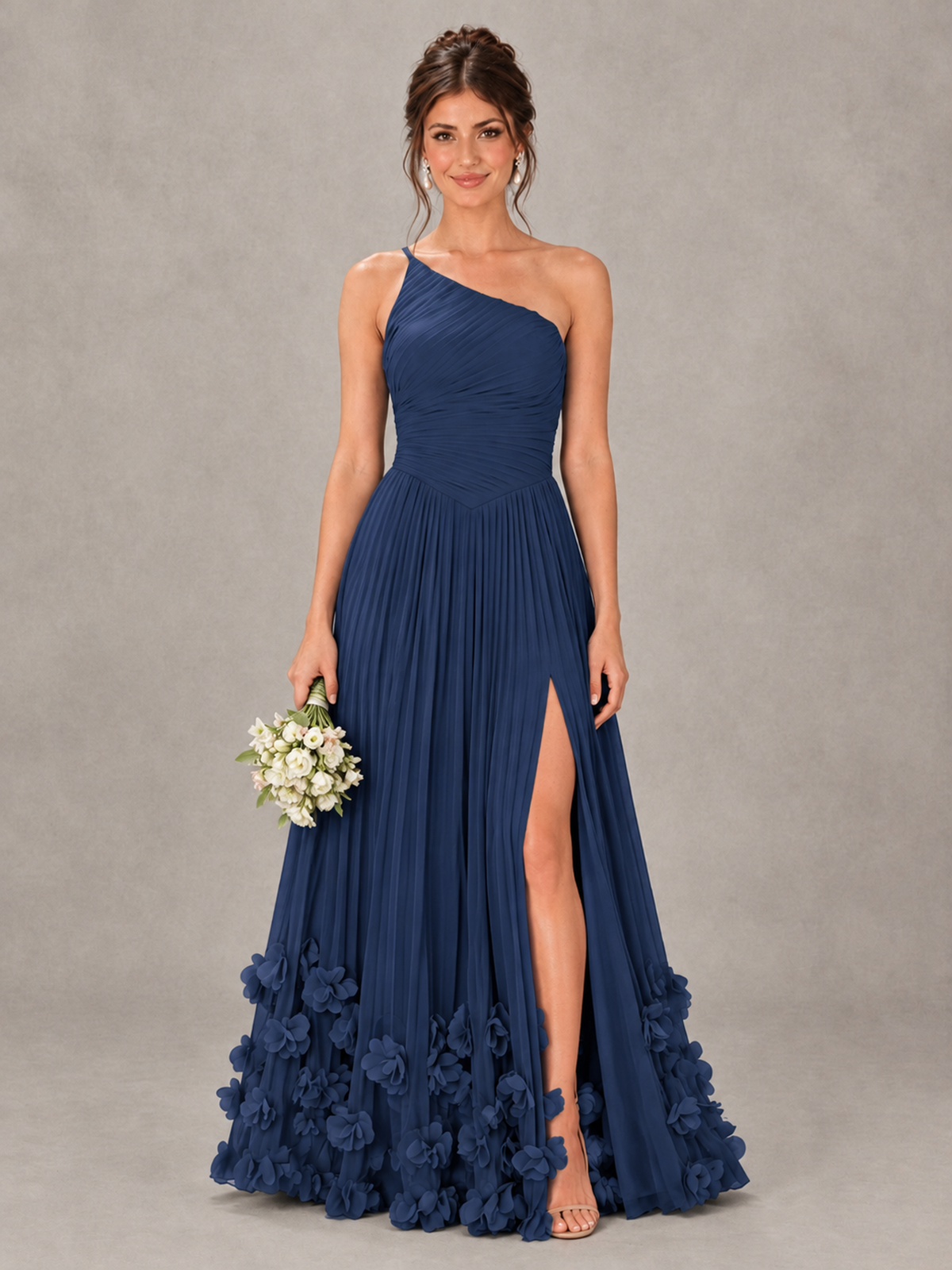 BOLODOO Navy Blue One-Shoulder Pleated Bridesmaid Dress with 3D Floral Hem - Navy Blue - Navy Blue_1