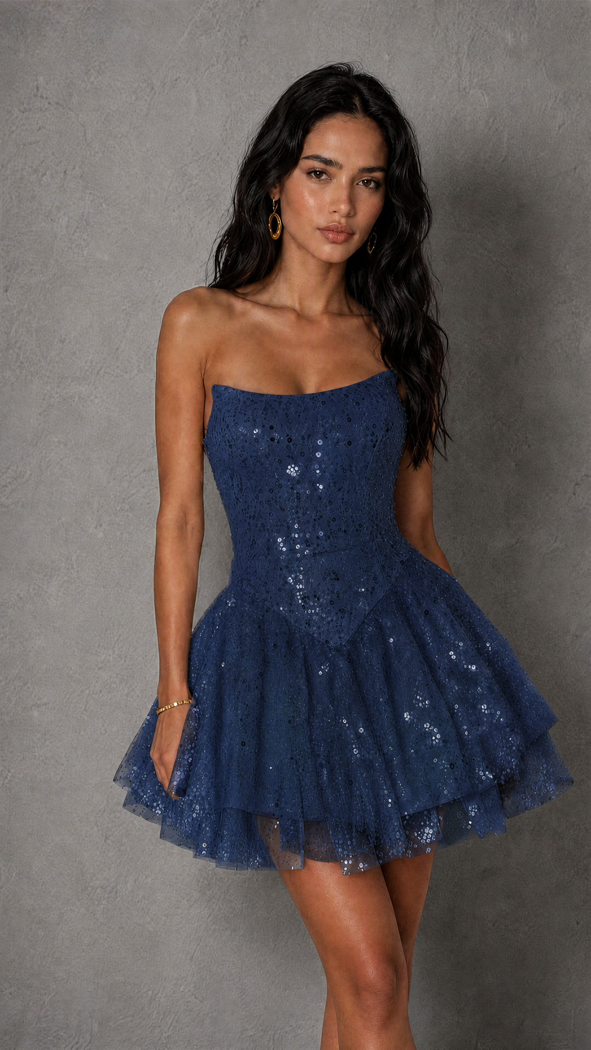 BOLODOO Navy Blue Sequin Strapless Corset Tiered Ruffle Mini Dress | BD0563 - Navy Blue