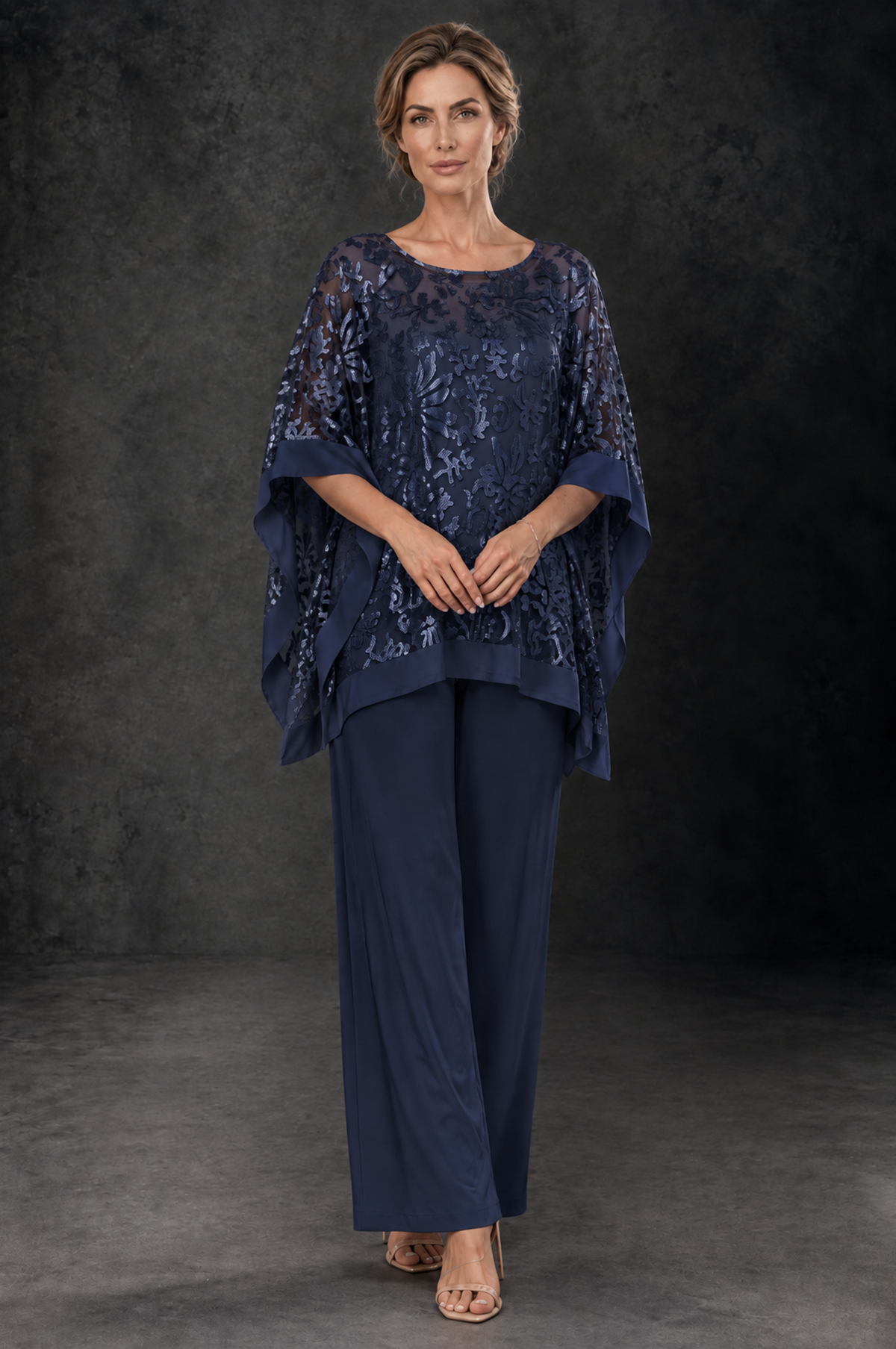 BOLODOO Navy Blue Floral Cape Mother of the Bride Pant Suit - Navy Blue - Navy_Blue_1