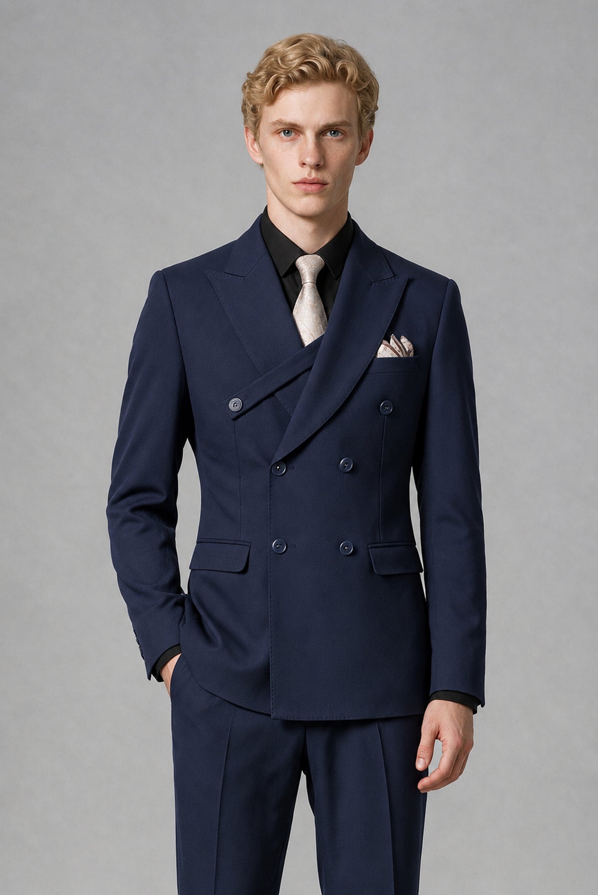 BOLODOO Men's Navy Blue Double-Breasted Two-Piece Suit – Jacket & Trousers - Navy Blue