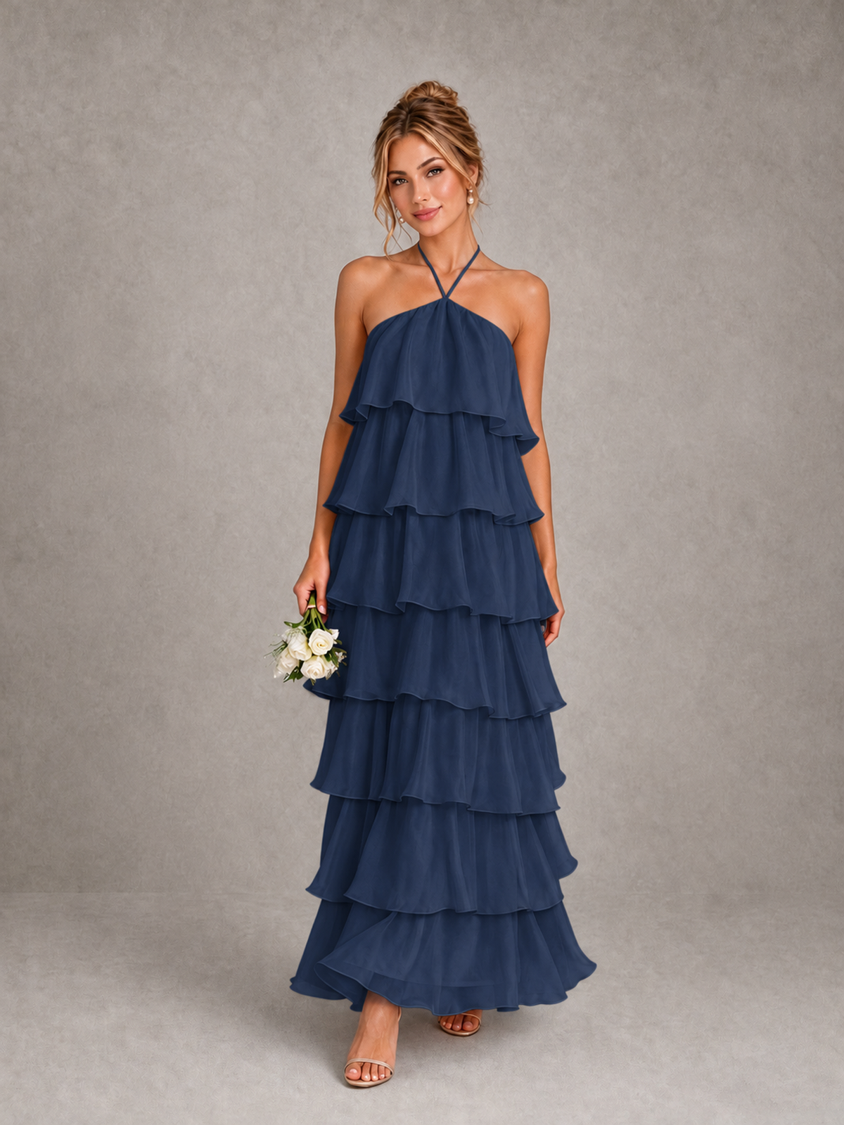 BOLODOO Navy Blue Halter Tiered Ruffle Maxi Bridesmaid Dress - Navy Blue - Navy Blue_1