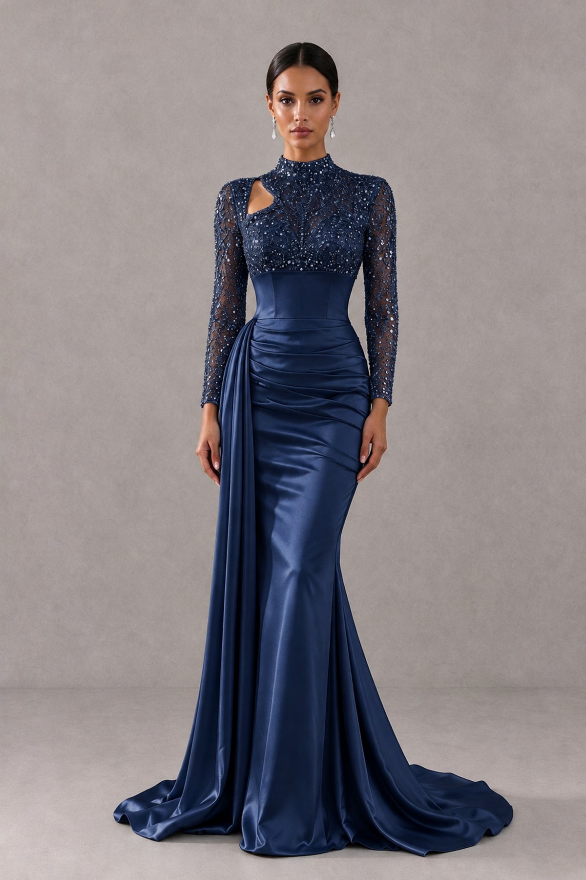 BOLODOO Navy Blue Long Sleeve Embellished Satin Mermaid Evening Gown - Navy Blue - Navy Blue_1