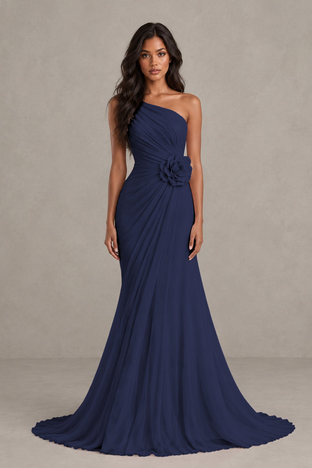 BOLODOO Navy Blue One-Shoulder Floral Ruched Maxi Dress - Navy Blue