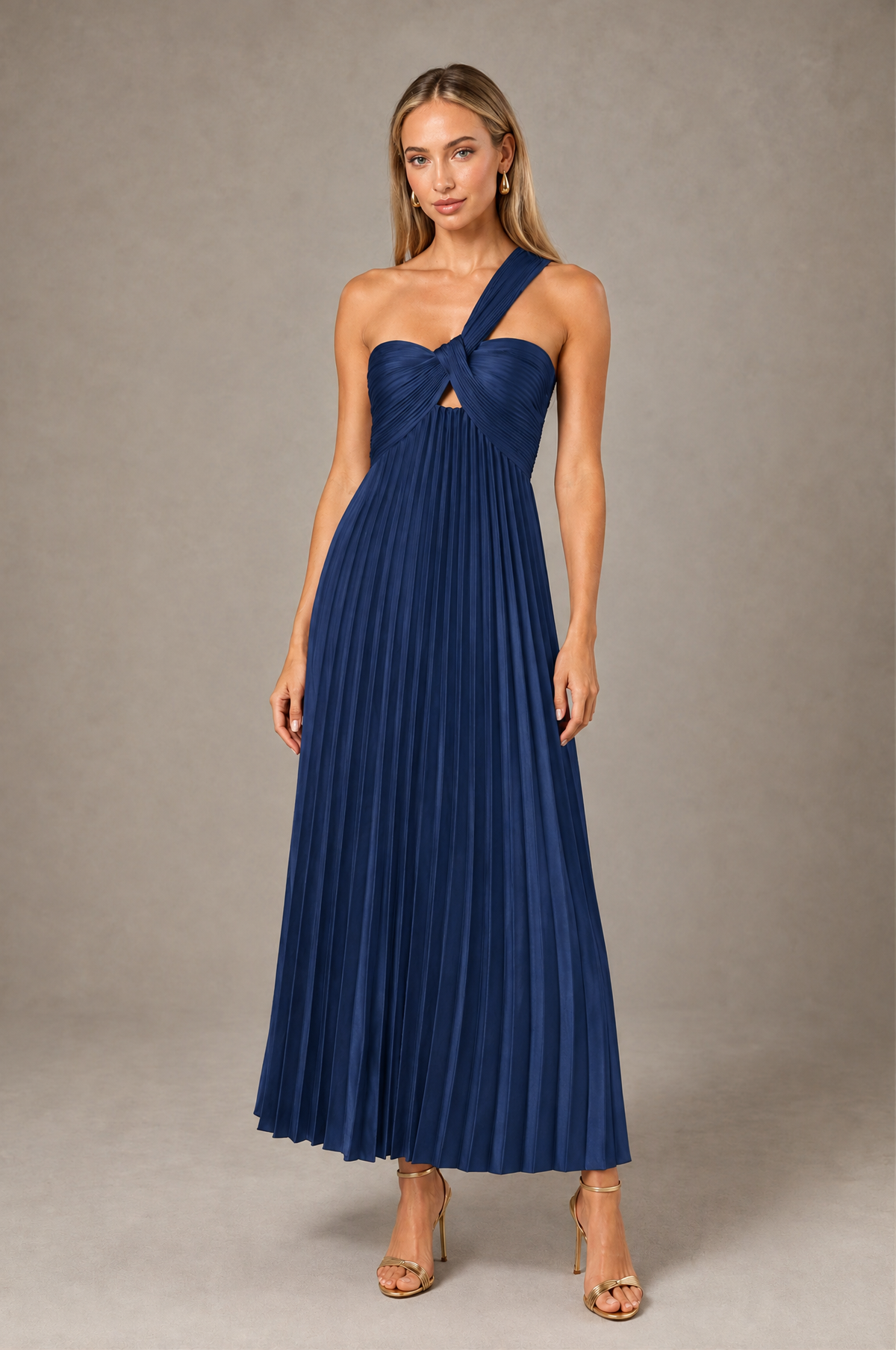BOLODOO Navy Blue One-Shoulder Twist Knot Pleated Satin Midi Dress with Cutout - Navy Blue - Navy_Blue_1