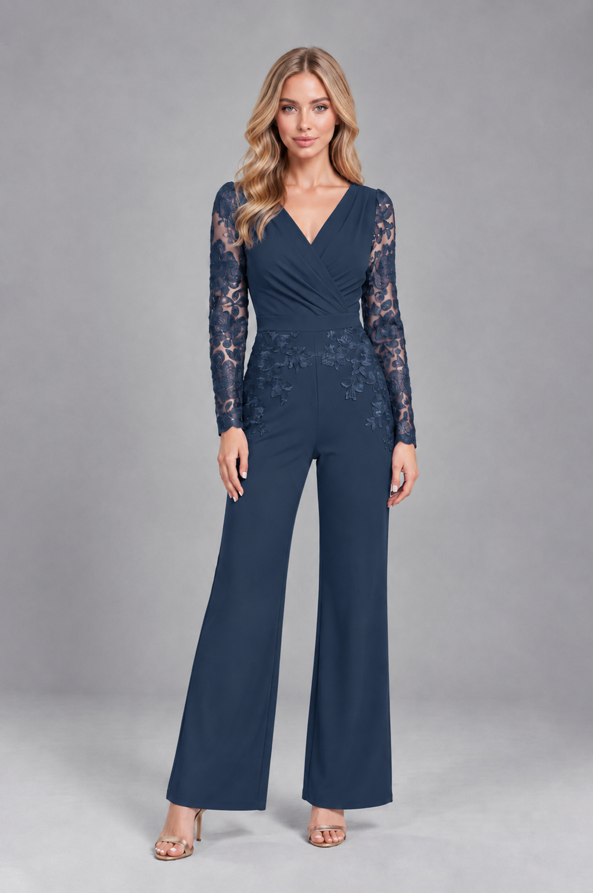BOLODOO Navy Blue Lace Long-Sleeve V-Neck Mother Pant Suit - Navy Blue - Navy Blue_1