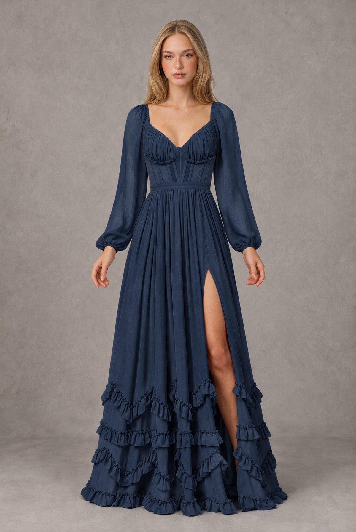Navy Blue Long-Sleeve Ruffle Maxi Dress with Lace-Up Back and Slit - Navy Blue