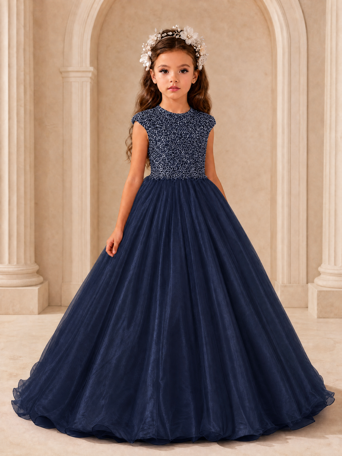 BOLODOO Navy Blue Sequin Tulle Flower Girl Dress with Cap Sleeves - Navy Blue - Navy Blue_1