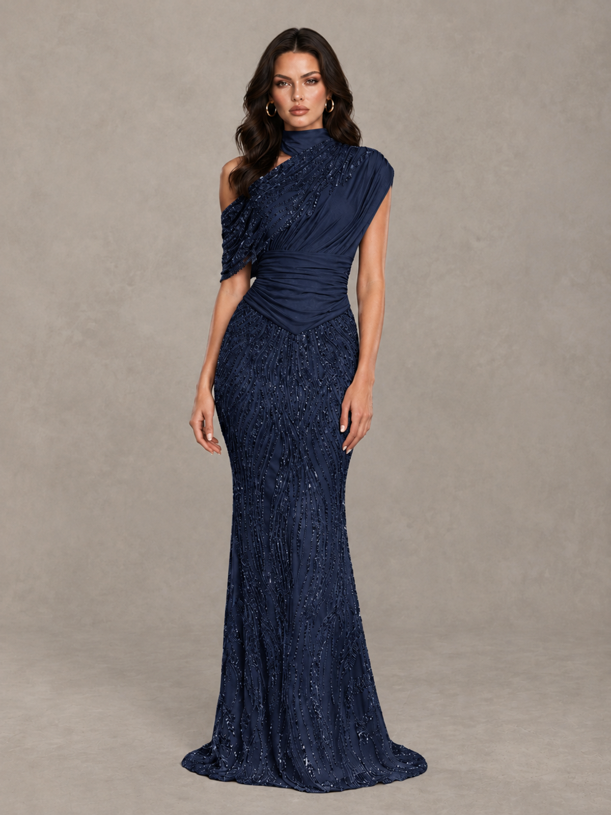 BOLODOO Navy Blue High Neck Draped Sequin Mermaid Evening Gown - Navy Blue - Navy Blue_1
