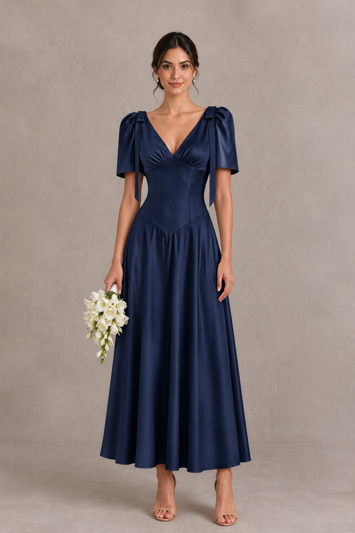 BOLODOO Navy Blue V-Neck Short Sleeve Satin-Look Bridesmaid Dress with Shoulder Bows - Navy Blue - Navy Blue_1