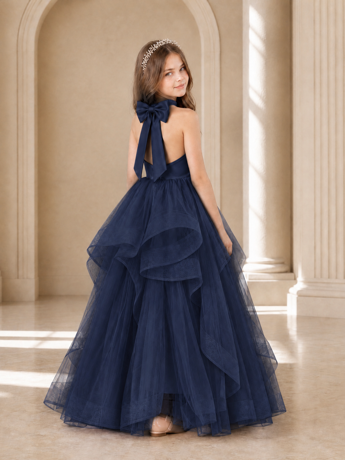 BOLODOO Navy Blue Halter Tiered Tulle Flower Girl Dress with Bow Back - Navy Blue - Navy Blue_1