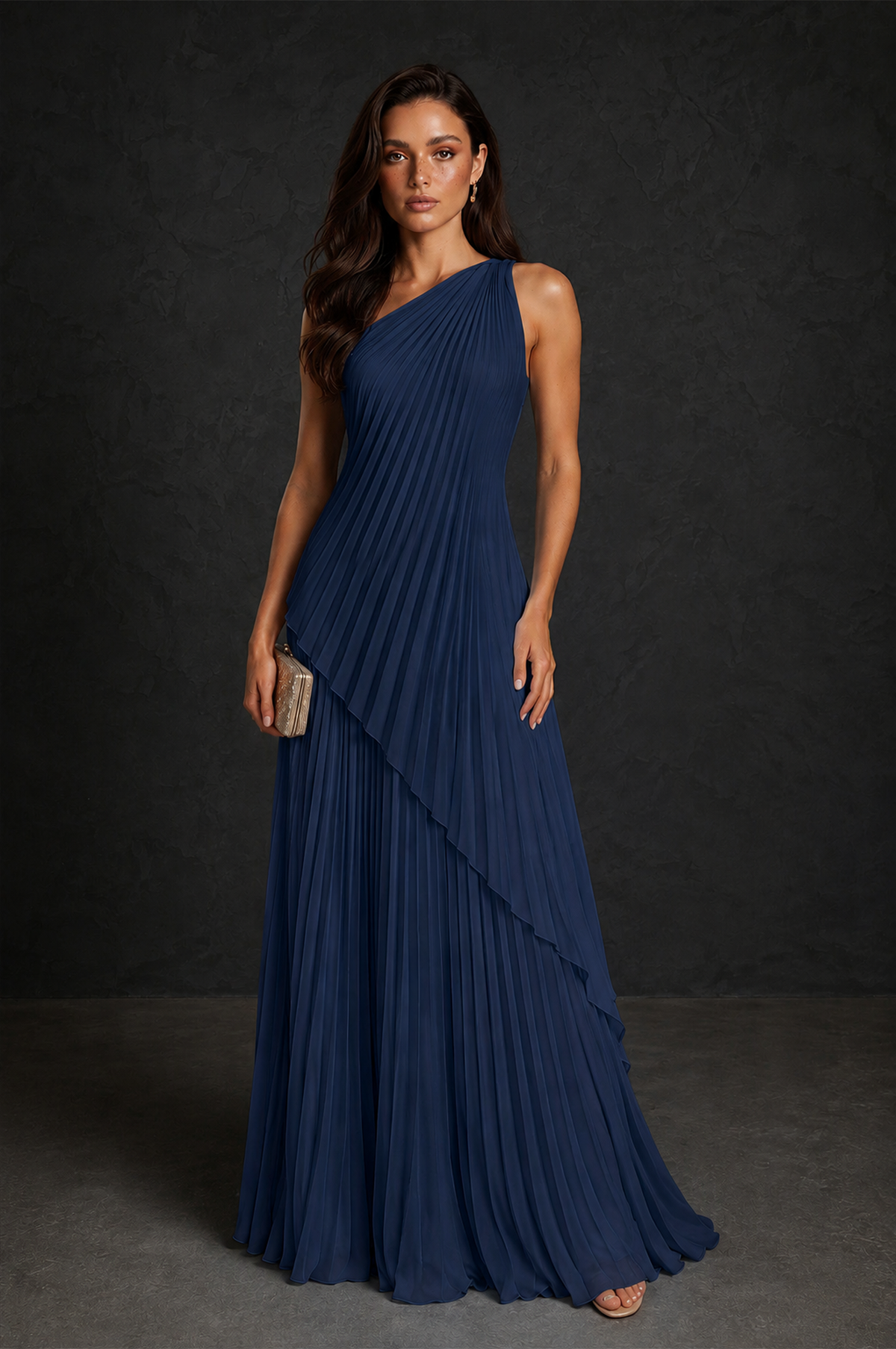 BOLODOO Navy Blue One-Shoulder Sunburst Pleated Asymmetric Layered Overlay Accordion Pleated Chiffon Maxi Dress - Navy Blue