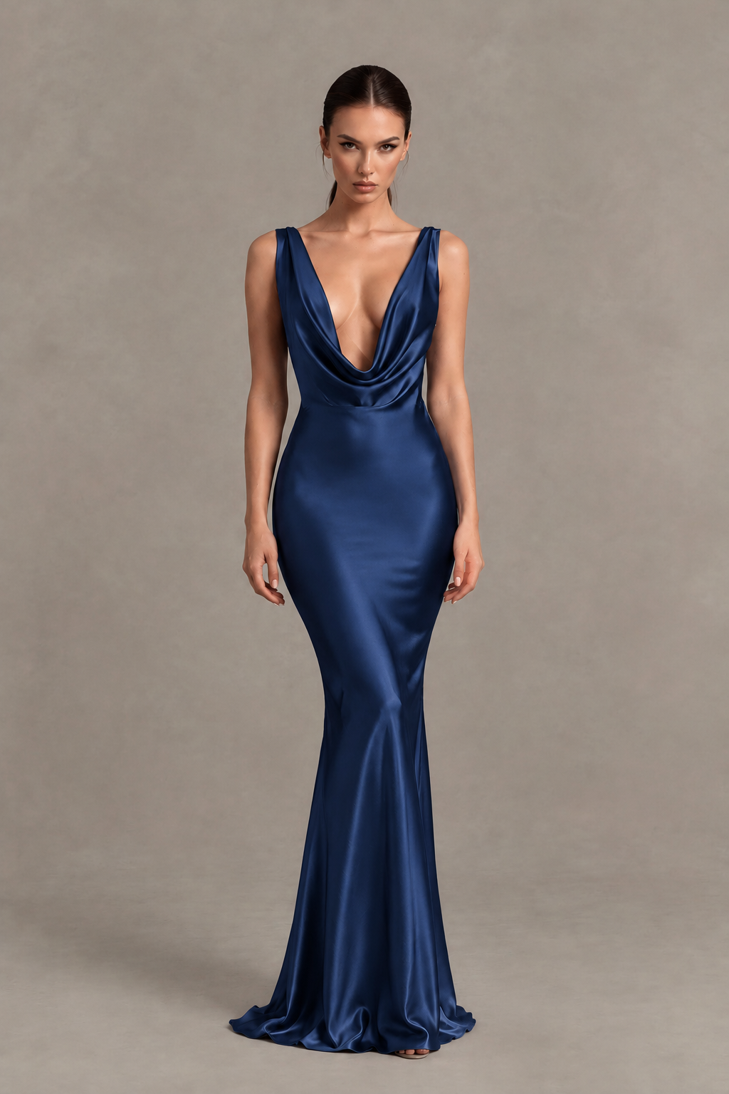 BOLODOO Navy Blue Cowl Neck Backless Satin Mermaid Evening Dress - Navy Blue - Navy Blue_1