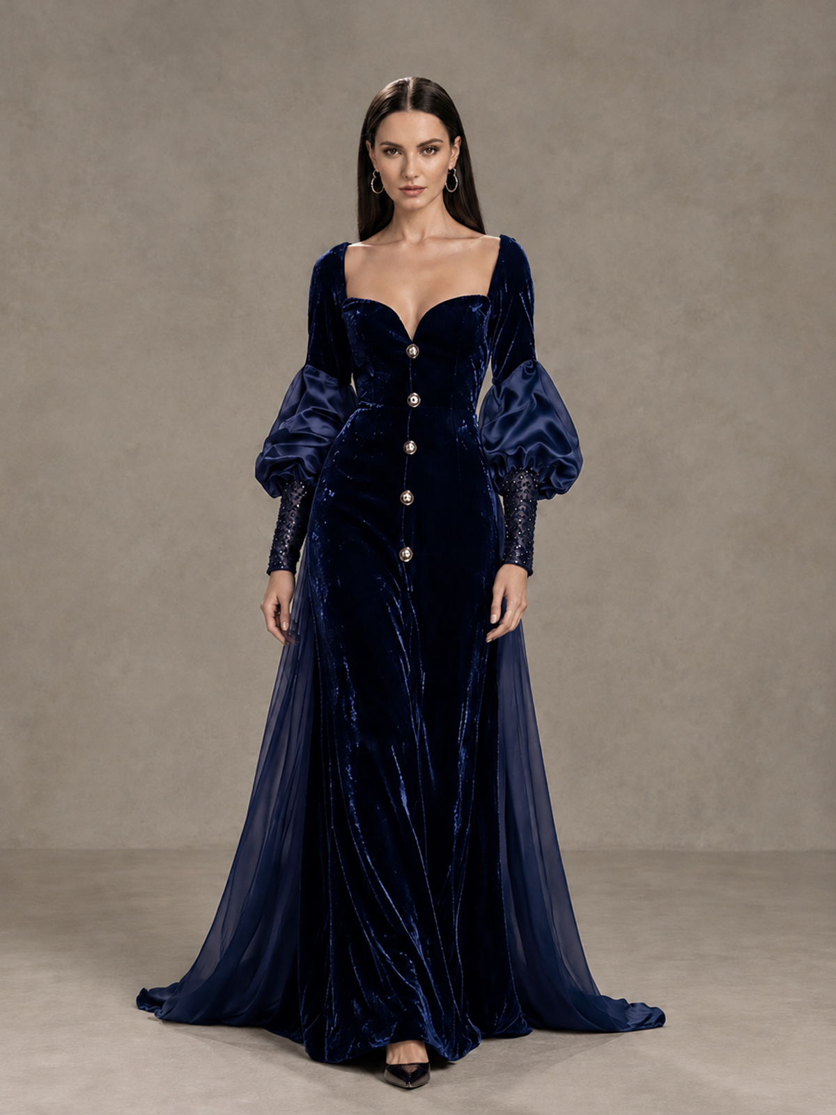 BOLODOO Navy Blue Velvet Long Sleeve Open-Back Evening Gown - Navy Blue - Navy Blue_1
