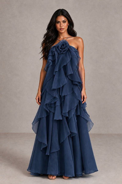 BOLODOO Navy Blue Cascading Ruffle Rosette Open-Back Maxi Dress - Navy Blue - Navy Blue_1