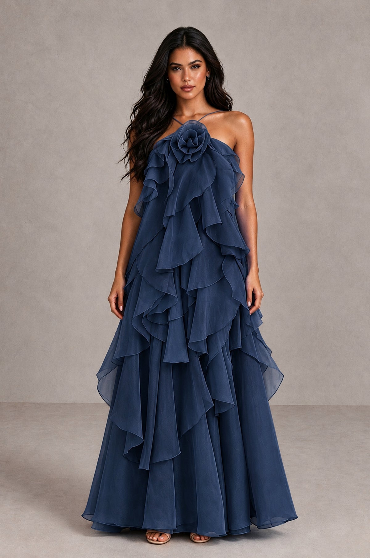 BOLODOO Navy Blue Cascading Ruffle Rosette Open-Back Maxi Dress - Navy Blue - Navy Blue_1