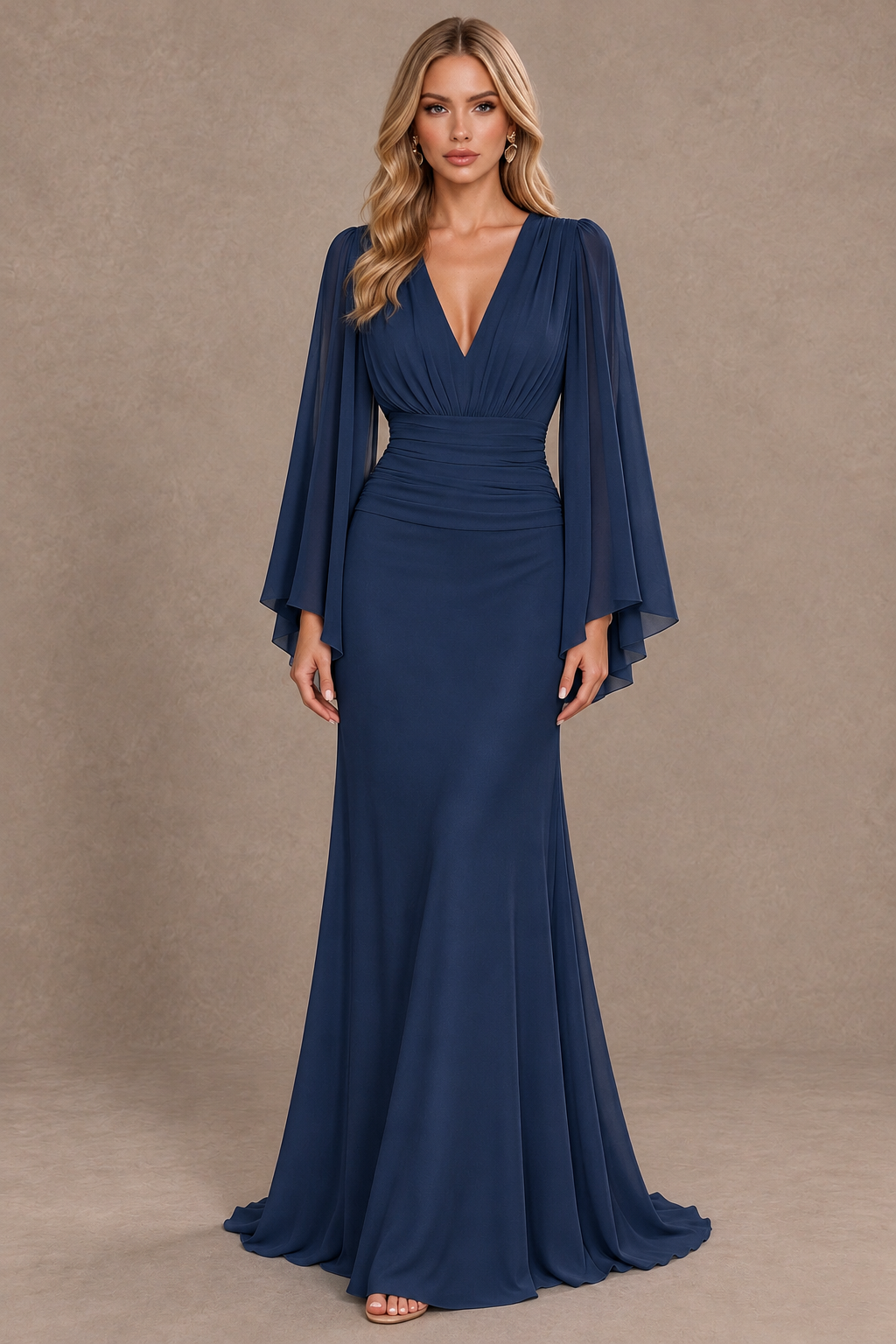 BOLODOO Navy Blue Cape Sleeve V-Neck Ruched Chiffon Evening Dress - Navy Blue - Navy Blue_1