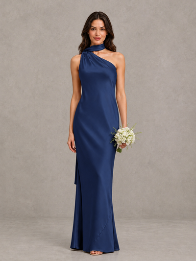 BOLODOO Navy Blue Satin One-Shoulder Bridesmaid Dress with Open Back - Navy Blue - Navy Blue_1