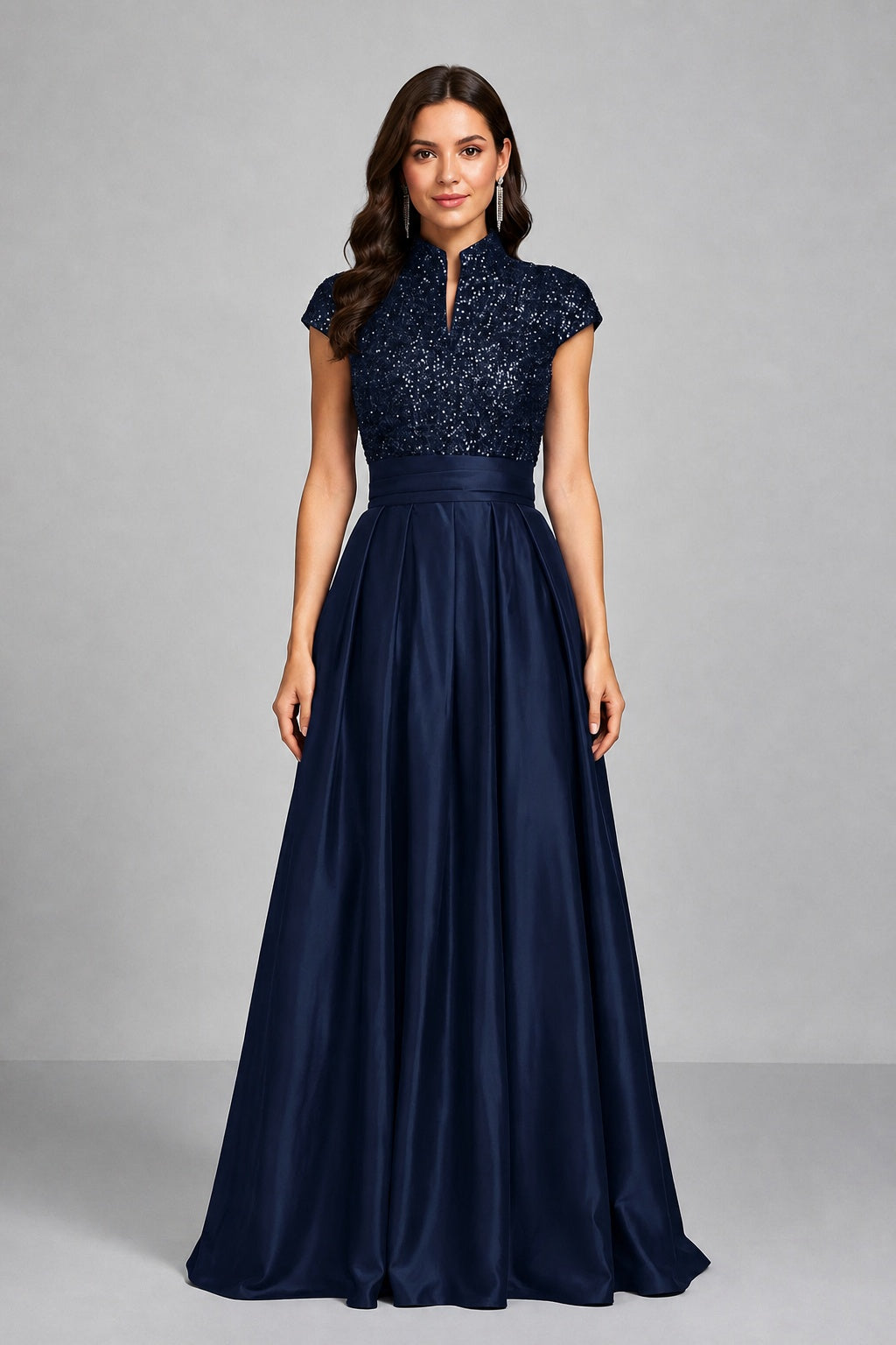 BOLODOO Navy Blue Sequin Embroidered High Neck Cap Sleeve A-Line Ball Gown – Formal Evening Dress - Navy Blue