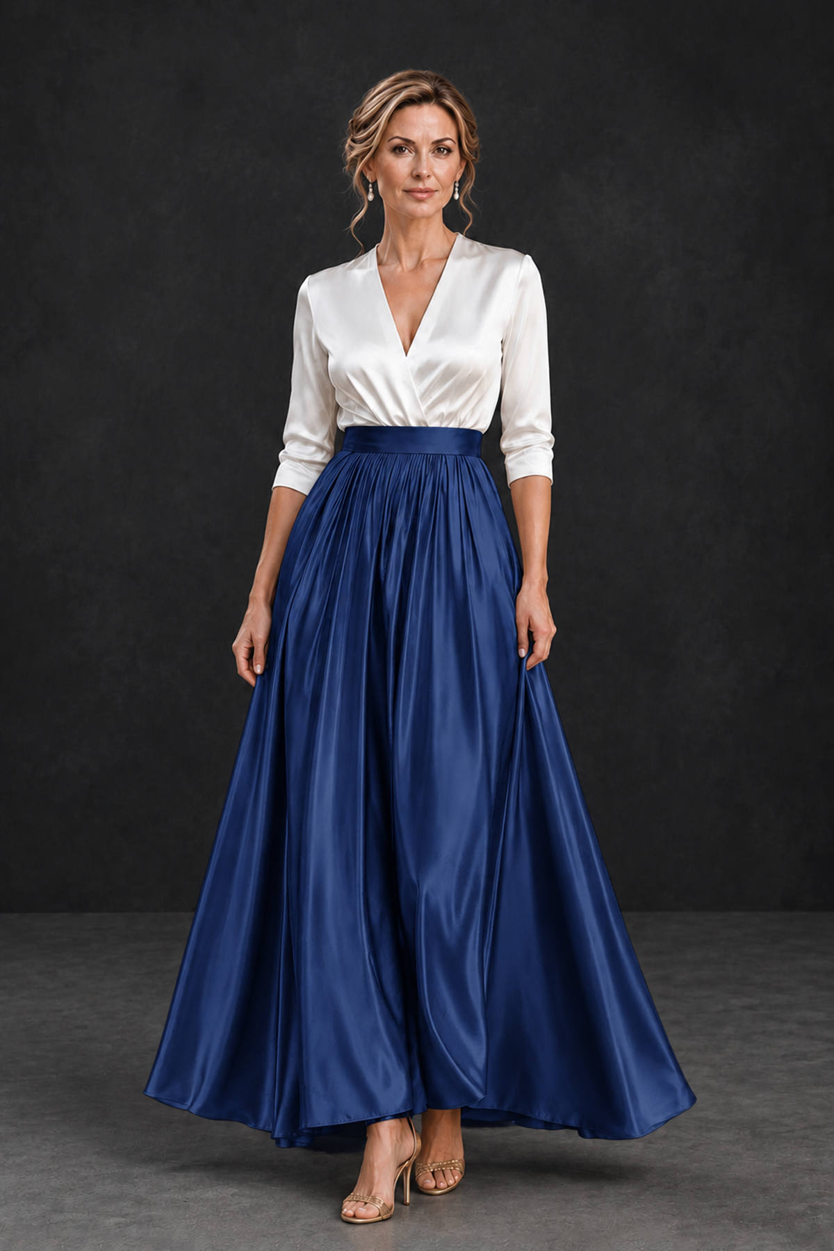 BOLODOO Navy Blue and White V-Neck A-Line Mother of the Bride Dress - Navy Blue - Navy Blue_1