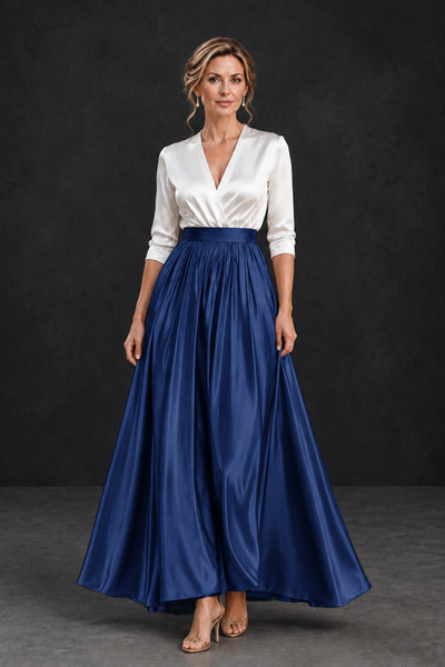 BOLODOO Navy Blue and White V-Neck A-Line Mother of the Bride Dress - Navy Blue - Navy Blue_1