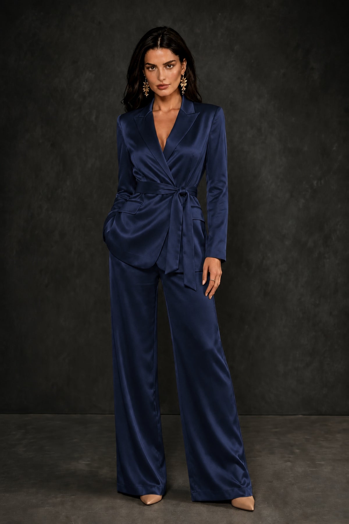 BOLODOO Navy Blue Satin Wrap Blazer Wide-Leg Pants Two-Piece Suit Set – Evening Gala Wedding Guest - Navy Blue