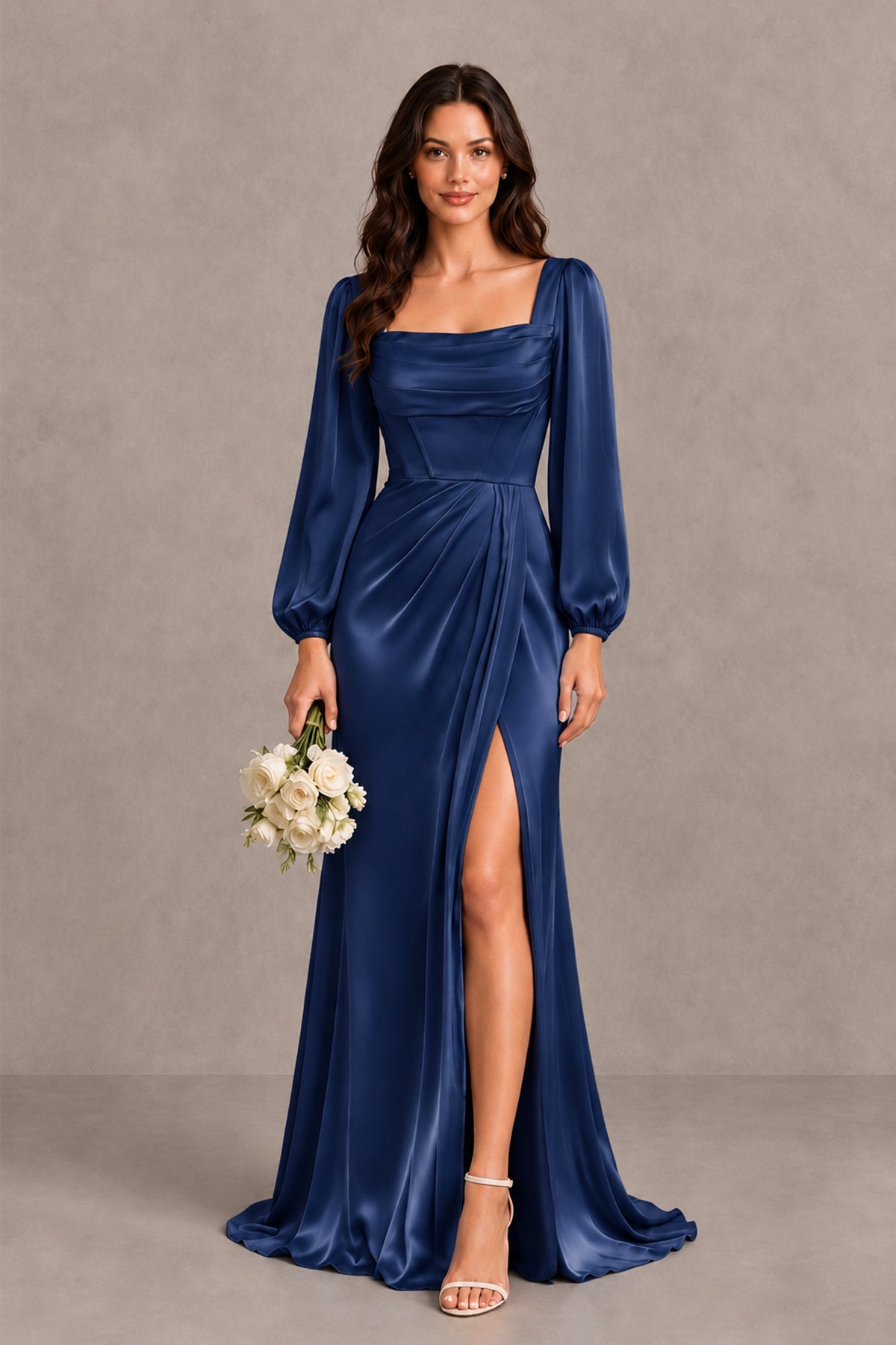 BOLODOO Navy Blue Satin-Look Long Sleeve Evening Dress with High Slit - Navy Blue - Navy Blue_1